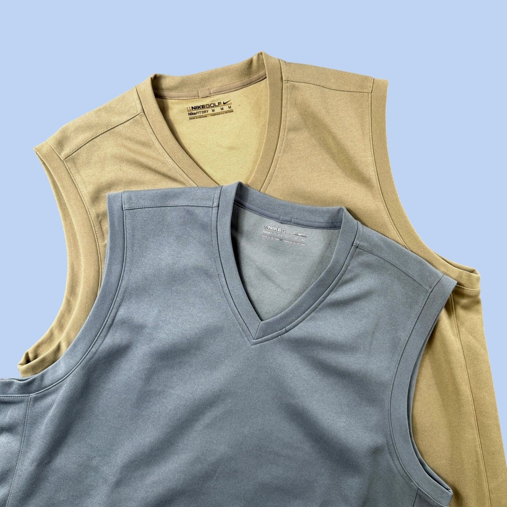 Two Nike Golf Vests Mens M Gray Tan Lot 2 Dri-Fit V-Neck Athletic 335843-235